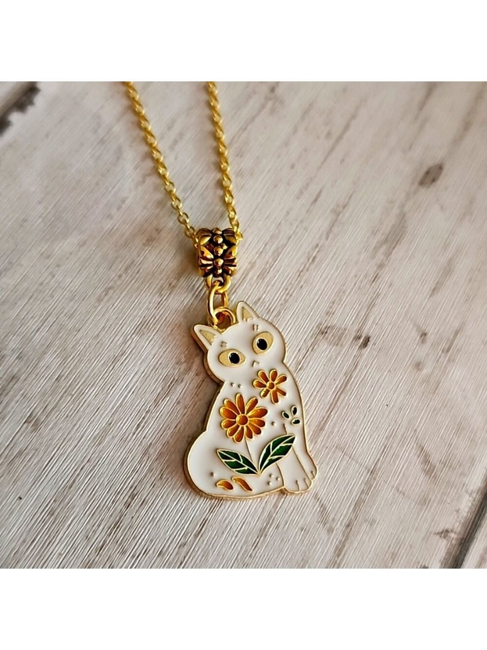 BOHO Hippie Flower Cat Necklace White 925 18 Inch Chain Gold plated NYG